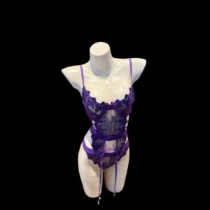 Purple Lace Bodysuit & Stockings Set – Sheer Floral Lingerie One-Piece with Matching Purple Stockings