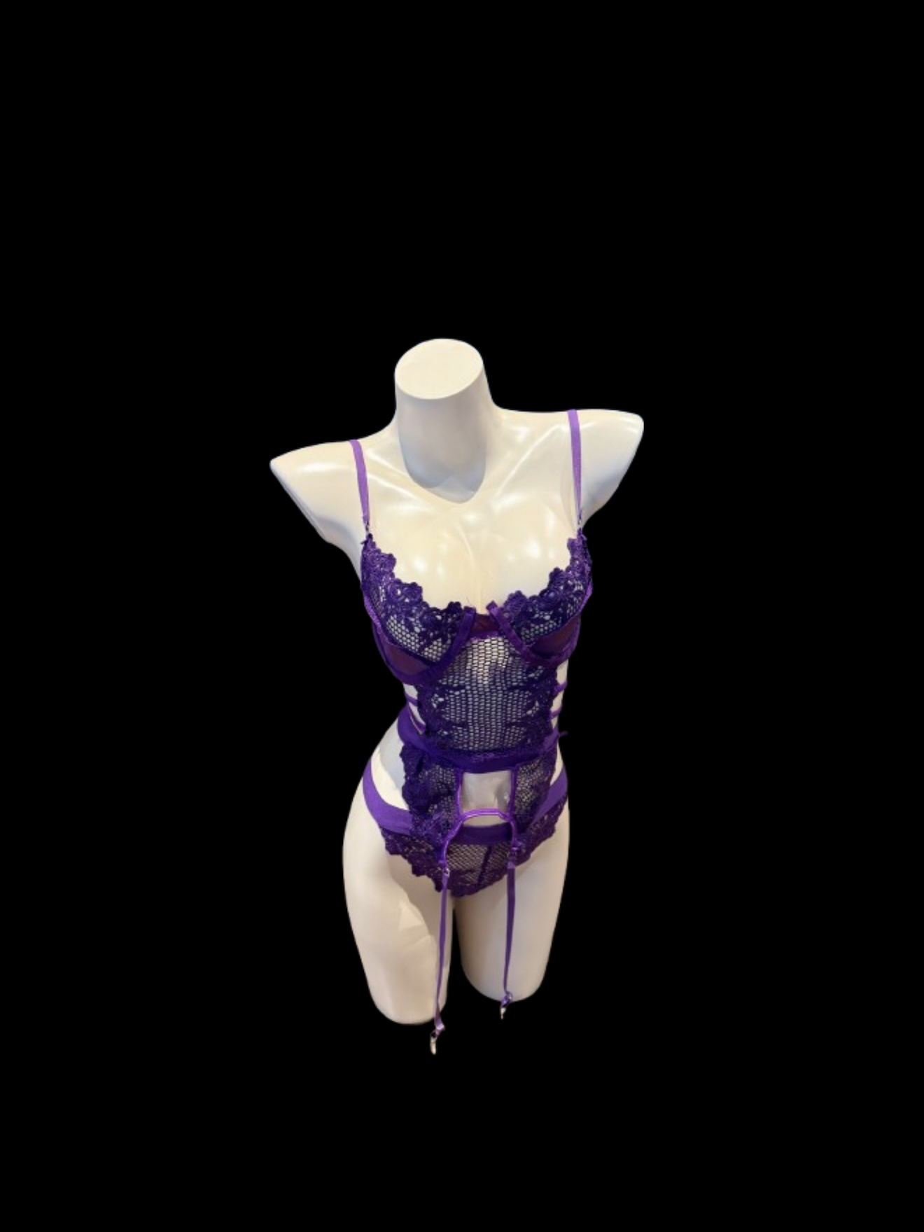 Purple Lace Bodysuit & Stockings Set – Sheer Floral Lingerie One-Piece with Matching Purple Stockings