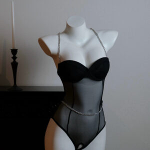 Black Strapless Mesh Bodysuit with Matching Stockings – Seductive Lingerie Set