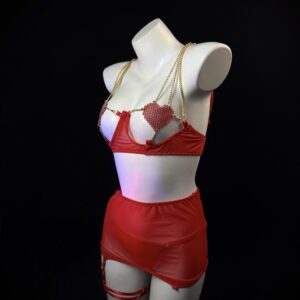 Red Heart Mesh 5-Piece Lingerie Set – Romantic & Seductive Look