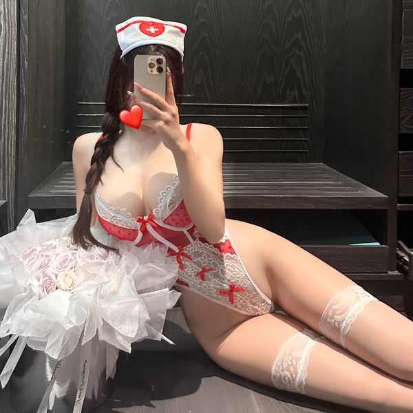 Pink Angel Nurse Lace Uniform – Flirty Lingerie Costume With Red Bow Stockings - Image 5