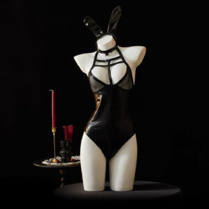 Black Patent Leather & Mesh Bodysuit – Sexy Sheer One-Piece Lingerie