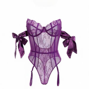 Purple Lace Strappy Bodysuit With Stockings